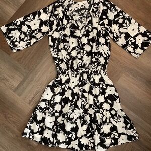 CDE Womens Mini Dress Black White XS Floral Print Tie Neck Short Sleeve‎ Casual